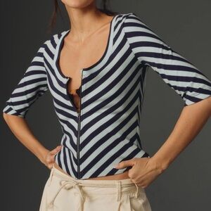 Maeve by Anthropologie Navy & Light Blue Striped Zip-Front 3/4 Sleeve Top